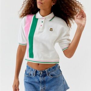 White Striped Polo Crop Top with Pink & Green Stripes